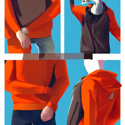 Image similar to man in orange shirt zip - up a goose, artstation