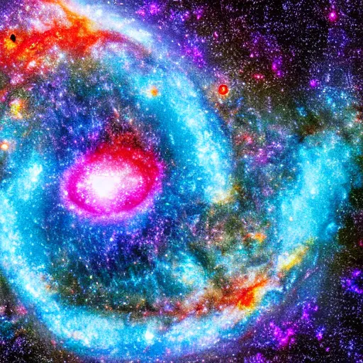 Prompt: large scaling galaxy, intertwining bright colors, supernova, fire, collapsing into a black hole full of beautiful galaxies, bright hd ultra color, bright stars, space, bright