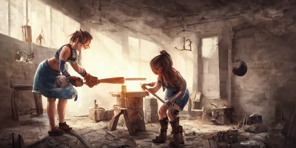 Prompt: blacksmith cute girl hitting with a hammer, anvill, epic digital art illustration, wide angle, masterpiece, dynamic perspective, anatomy skills, outstanding detail, illustration, colorgrading, LUTs, octane render, redshift, simulation, | 28mm |, great composition by sixmorevodka studio