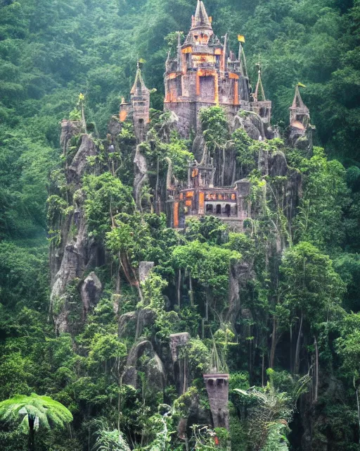 Prompt: photo of a beautiful heavenly castle built with sticks and stones in the deep jungle, misty godrays