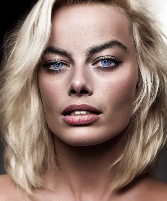 Image similar to a color photograph of margot robbie, by james nachtwey, platinum blond, intense, bold, exaggerated, ultra sharp, extra details, ultra high quality, trending on pinteresst