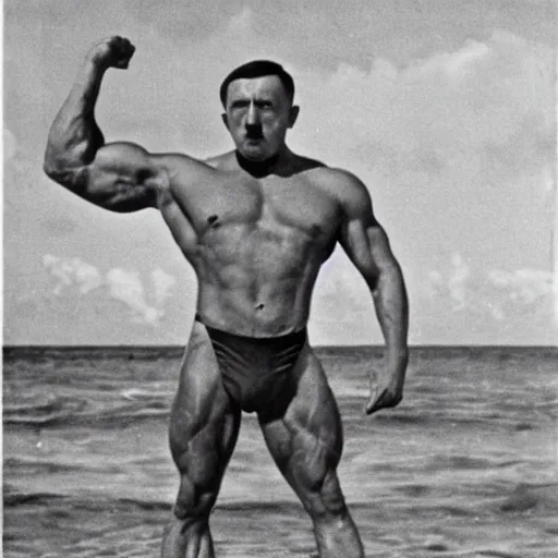 Prompt: stylish body builder hitler at miami beach