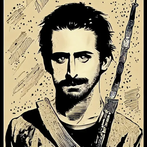 Image similar to pen and ink!!!! attractive 22 year old deus ex Frank Zappa x Ryan Gosling golden!!!! Vagabond!!!! magic swordsman!!!! glides through a beautiful battlefield magic the gathering dramatic esoteric!!!!!! pen and ink!!!!! illustrated in high detail!!!!!!!! by Hiroya Oku!!!!!!!!! Written by Wes Anderson graphic novel published on shonen jump MTG!!! 2049 award winning!!!! full body portrait!!!!! action exposition manga panel