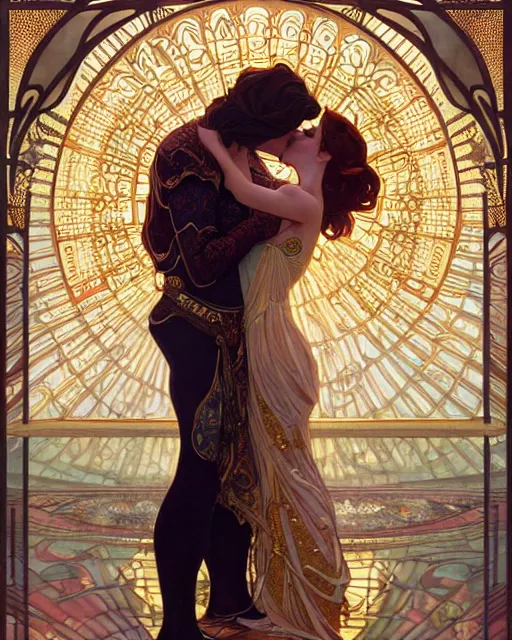 Image similar to the kiss | highly detailed | very intricate | art nouveau | gold filigree | romantic storybook fantasy | soft cinematic lighting | award - winning | painted by mandy jurgens and alphonse mucha and alena aenami | pastel color palette | featured on artstation