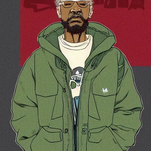 Image similar to illustration by katsuhiro otomo, black man with afro hair, raspy beard stubble, wearing an adidas army green jacket, in the streets of tokyo, akira style, by katsuhiro otomo