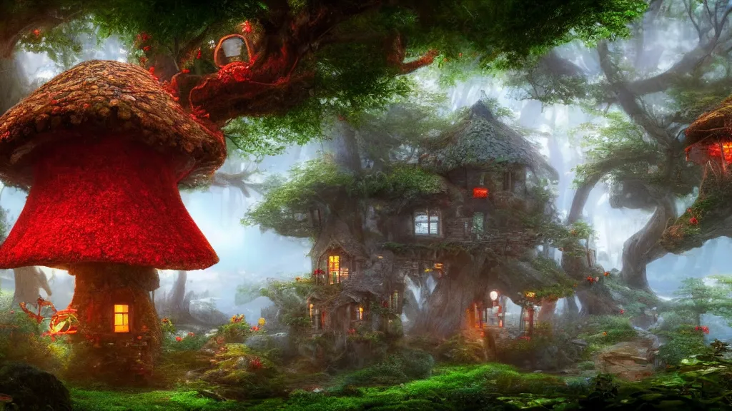 Prompt: fantasy red toadstool cottage suspended in the air, like in Avatar movie, foggy atmosphere, volumetric lighting, fantasy artwork, very beautiful scenery, very realistic, hd, hdr, cinematic 4k wallpaper, 8k, ultra detailed, high resolution