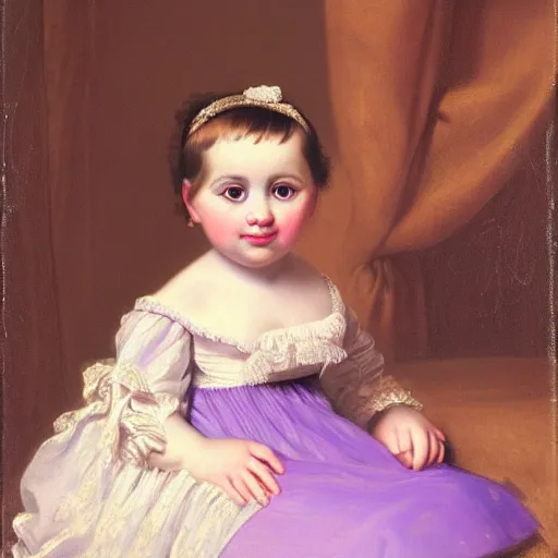 Image similar to portrait of a german toddler princess sitting down in a silk lavender gown, circa 1 8 3 7, by carl joseph begas, highly detailed, beautiful, oil on canvas, 1 8 3 0 s, romanticism