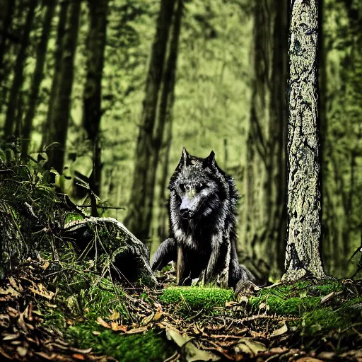 Image similar to werewolf, photograph captured in a forest