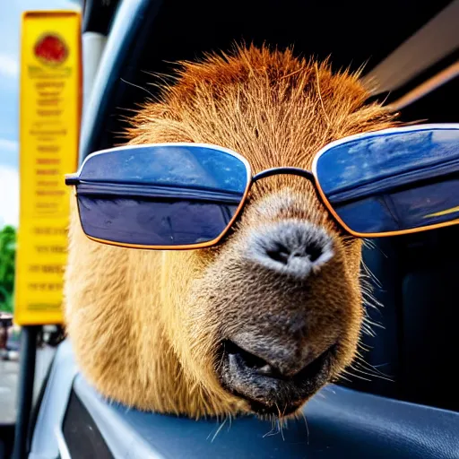 Prompt: a photo of a capybara with sunglasses sitting in the back of a taxi,