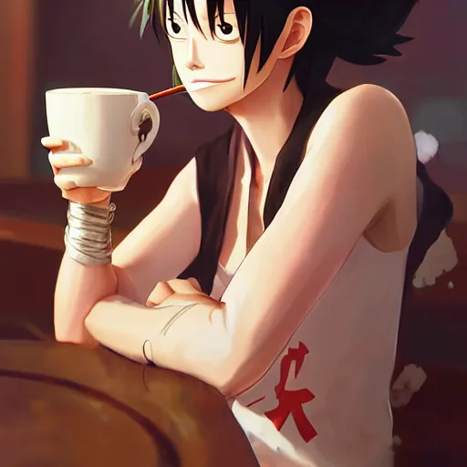 Prompt: mugiwara no luffy drinking cofee, digital art, pretty face, very beautiful face, very detailed eyes, 8 k resolution, by wlop, greg rutkowski, full body