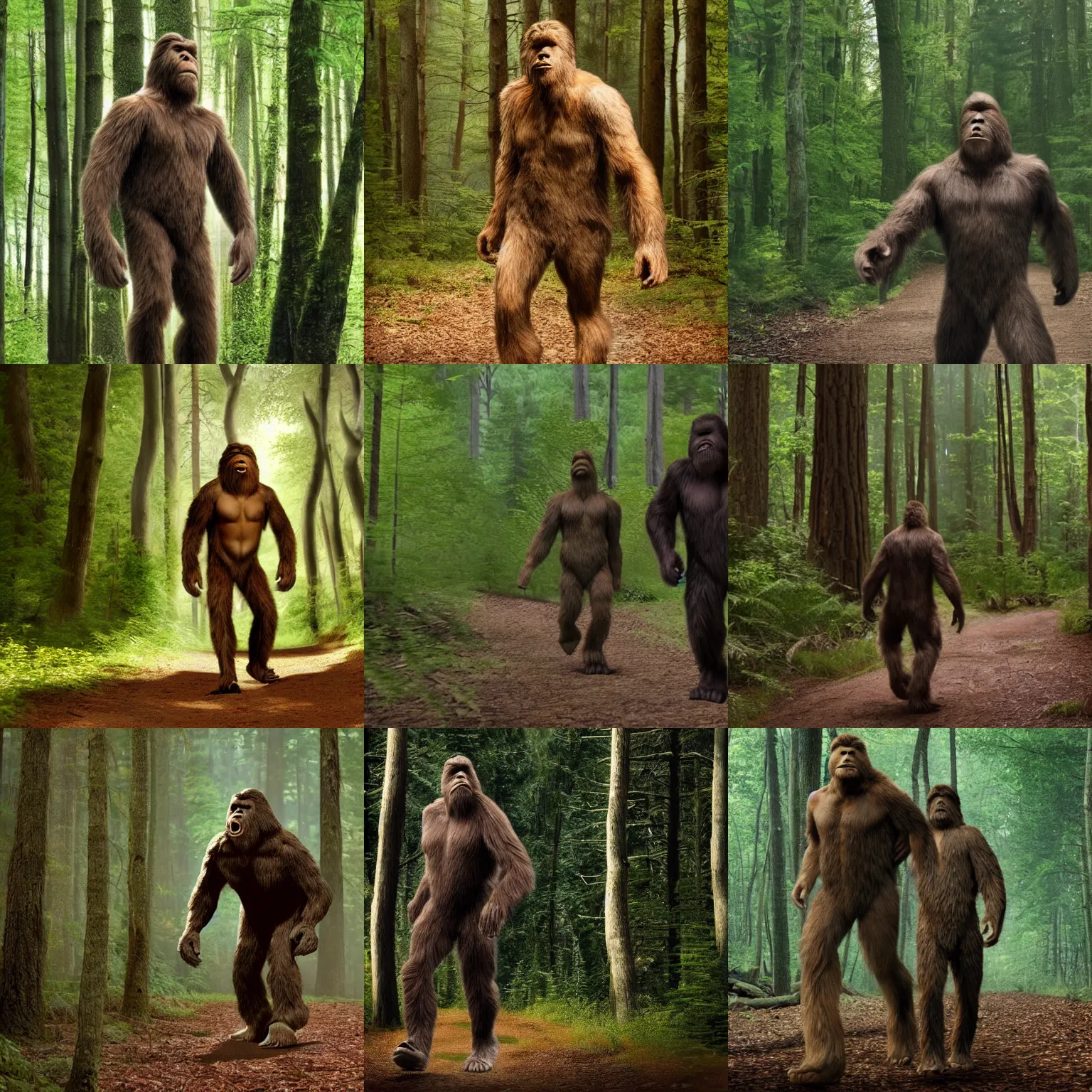 Prompt: Bigfoot walking through the woods carrying Tom Cruise in its arms, photorealistic, 4K HD