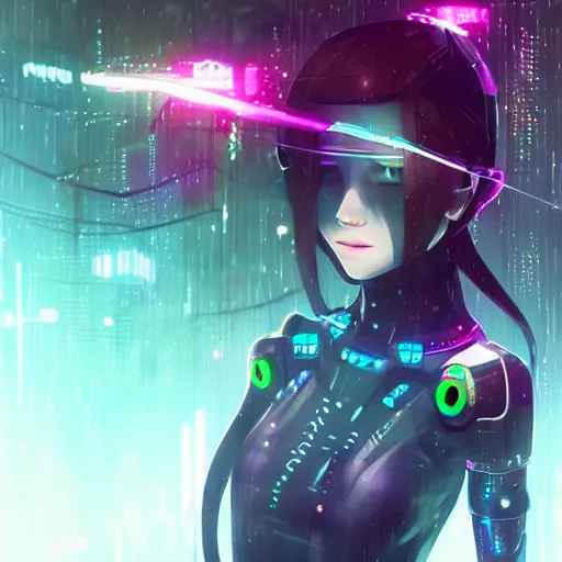 Prompt: beautiful cyborg girl!!!, rainfall!!, water refractions!!, black long hair!, colorful reflective eyes, full round face!, biomechanical details, digital cyberpunk anime!! art, full body!!!, mid - shot, reflections, wlop, ilya kuvshinov, artgerm