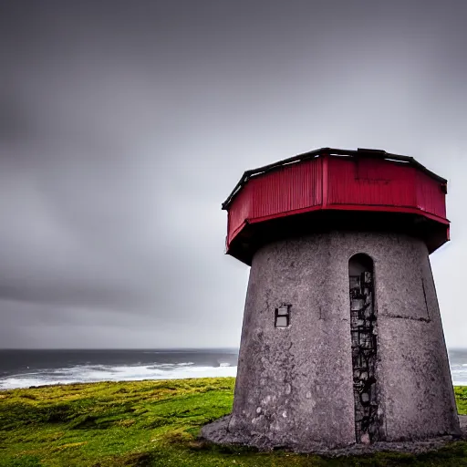 Prompt: old defense tower at the coast of ireland in stormy weather, composition