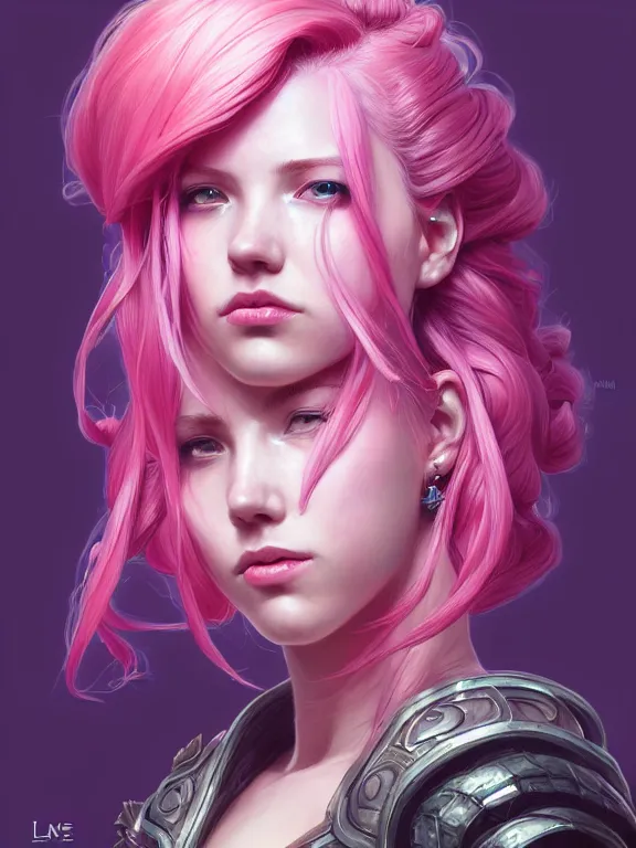 Image similar to a League of Legends FAN ART Portrait of VI, pink hair, intricate, elegant, highly detailed, digital painting, concept art, smooth, sharp focus, illustration, by Laurie Greasley,Lawrence Alma-Tadema,Dan Mumford,artstation,deviantart,Unreal Engine,face enhance,8K,golden ratio,cinematic lighting