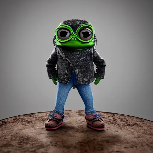 Image similar to perfectly accurate miniature figure of pepe the frog wearing jeans and a black leather jacket, soft textures, skin texture, clothing, 3d sculpture, textured, fine detail, lifelike, photo, high resolution, octane render, post processing, after effects, trending on artstation