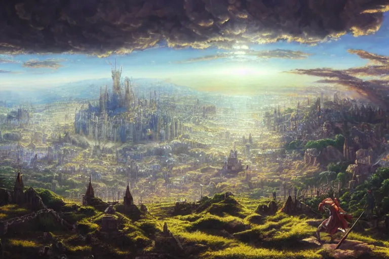 Prompt: a detailed matte landscape painting of king richard the lionhearted as a shonen anime protagonist attacking jerusalem, 8 k, volumetric lighting, in the style of disney, art by kentaro miura and akira toriyama