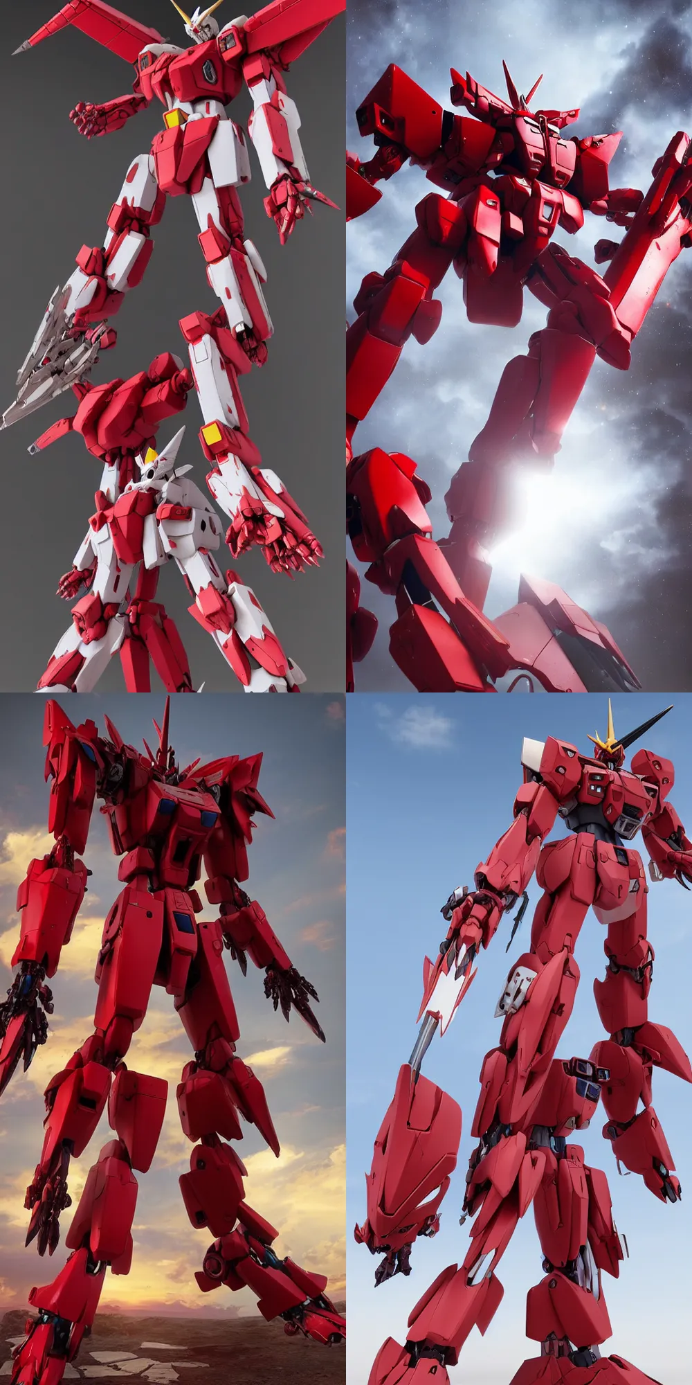 Prompt: a huge red humanoid gundam mecha with unicorn horn, hajime katoki, 3D, realistic, detailed, octane render