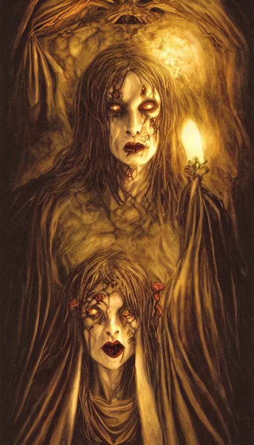 Prompt: carmilla vampire, gothic horror, by brian froud, candlelit catacombs