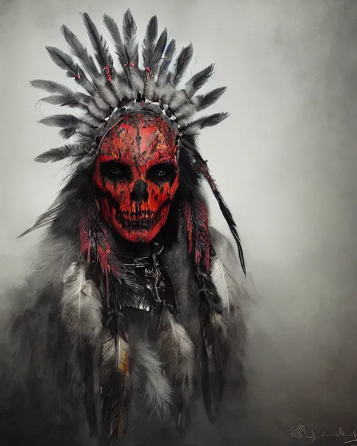 Image similar to the ghost - spirit of the grim - warpaint wears the scarlet skull armor and native blood headdress feathers, midnight fog - mist!, dark oil painting colors, realism, cinematic lighting, various refining methods, micro macro autofocus, ultra definition, award winning photo