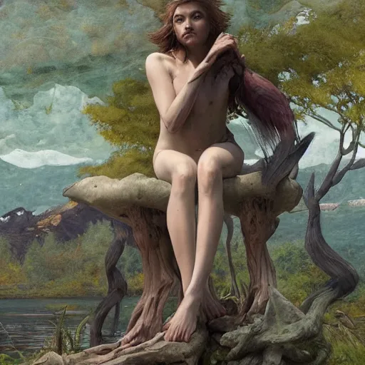 Prompt: Bird-Human-Hybrid, Harpy, sitting at a pond, mountainous area, trees in the background, oil painting, by Fernanda Suarez and Edgar Maxence and Greg Rutkowski