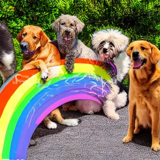 Image similar to a group of pet dogs and cats waiting patiently at the entrance to a glorious and heavenly rainbow bridge with tall heavenly golden gates at the entrance, real photo, detailed