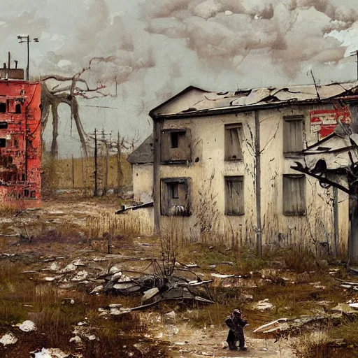 Image similar to painting of a abandoned post soviet town infested with humanoid root monsters by jakub rozalski