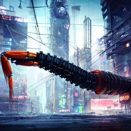 Image similar to a giant robotic shrimp standing in a dystopian city, cyberpunk, dystopian, god, evil, villain, sharp focus, dynamic lights, still, photograph, hyper realistic, masterpiece, digital, octane render, rendered, 3 d, blender, 3 d software, cinematic, cinematic lighting, dramatic lighting, dramatic, highly detailed, intricate details, texture, slime, cinematic composition