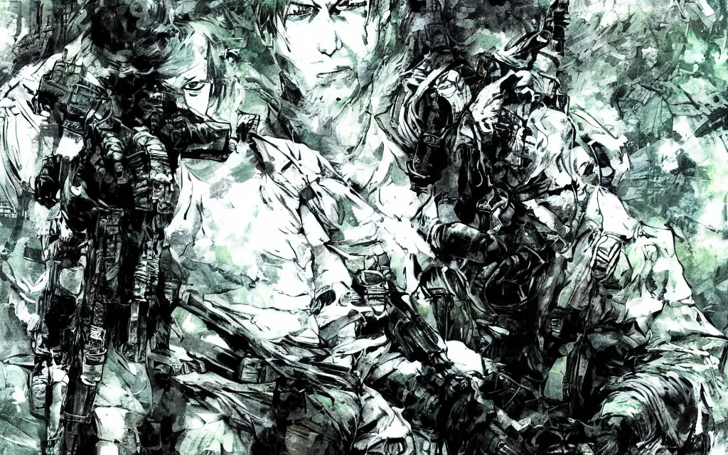 Image similar to A soldier in the woods, artwork by Yoji Shinkawa style