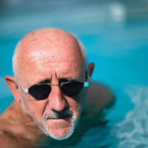 Prompt: mike ehrmantraut in a swimming pool, photography, 3 5 mm lens, 8 k,