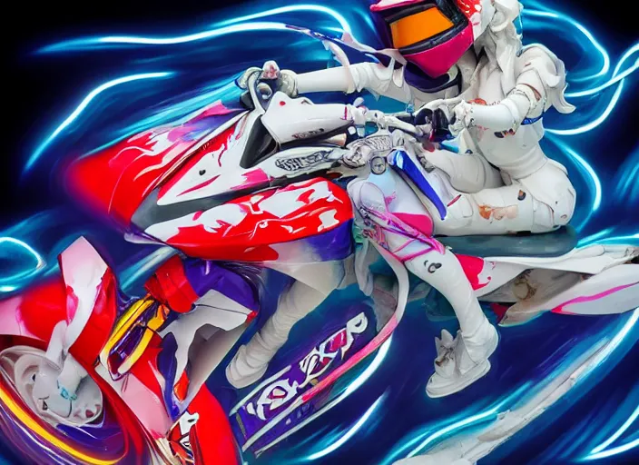 Image similar to extremely beautiful photo of a white marble statue of an anime girl with colorful motocross logos and motorcycle helmet with closed visor, colorful smoke in the background, carved marble statue, fine art, neon genesis evangelion, virgil abloh, offwhite, denoise, highly detailed, 8 k, hyperreal