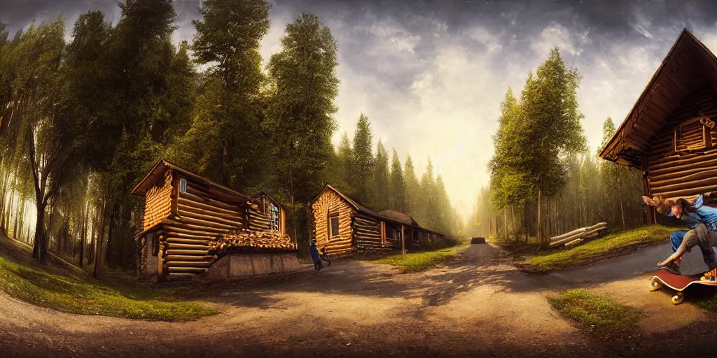 Image similar to a detailed beautiful matte painting of a skateboarder, kick flip, pilgrim village setting, log homes, dirt road, trees by Mikko Lagerstedt and Raphael Lacoste, graffiti log homes with graffiti by Fintan Magee, fisheye lens