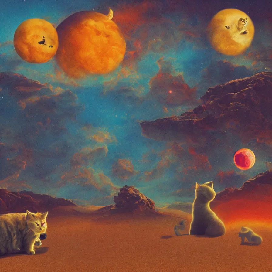 Image similar to a surreal landscape of a frightened giant cat chased by ghosts in a vast desert lit by two scary moons, deeply texural, saturated color scheme