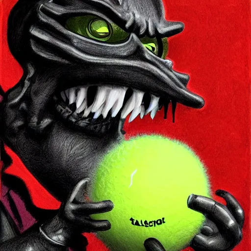 Image similar to a tennis ball monster, tennis ball, dark, chalky, motorcycle, bat vampire, digital art, fantasy, magic, trending on artstation, ultra detailed, professional illustration by Basil Gogos