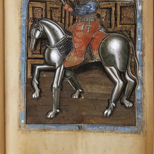 Prompt: An epic manuscript depicting an ancient knight in steel armour