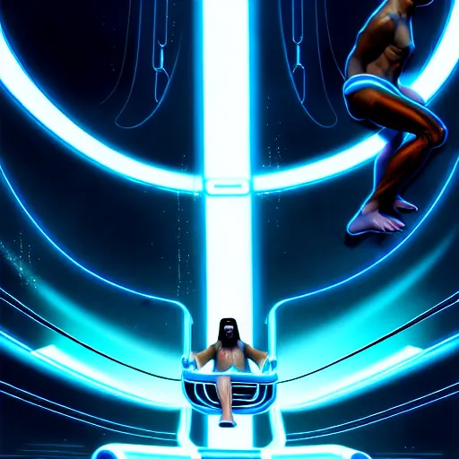 Image similar to tron legacy jesus riding waterslide, face closeup, laughing, diffuse lighting, hyper realistic, concept art, intricate, hyper detailed, smooth, sharp focus, illustration, trending on artstation, art by greg rutkowski and james gurney and alphonse mucha