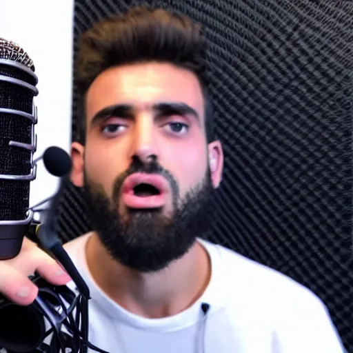 Image similar to handsome Portuguese male twitch streamer looking angrily at his expensive studio mic which isn't working, 4k