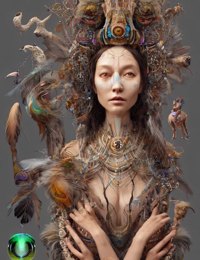 Image similar to 3 d goddess of oracular symbiosis wide angle portrait with animal totems of all kinds. feather, scale, skin and fur. ecodelic symbiogenesis, polyphonic communication, pulse projections, shipibo patterns, plasma, creature, artwork by tooth wu and android jones wlop and android jones and beeple and greg rutkowski