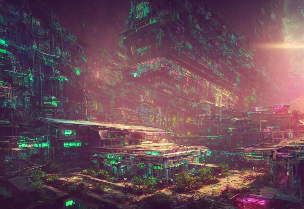 Prompt: A highly detailed crisp unreal engine render of A beautiful futuristic cyberpunk cybertech abandoned building with neon like plants, perfect well made rainbow on the sky, sunlight breaking through clouds, debris on the ground, abandoned machines by wangchen-cg, 王琛,Neil blevins, artstation