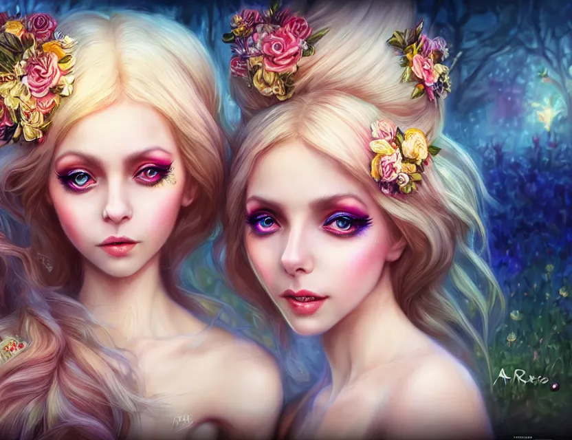 Image similar to two beautiful fashion girls wear fantasy dress in festival | | big eyes, sunny, dreamlike art, realistic shaded, smile, good looking, hyper details, 4 k realistic, cryengine, realistic shaded lighting poster by artgerm, ross tran, fuji choko, loish, 8 k resolution, trending on artstation, luxury