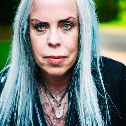 Image similar to dslr photo portrait still of 5 0 year old age 5 0 billie eilish at age 5 0!!!, 8 5 mm f 1. 8