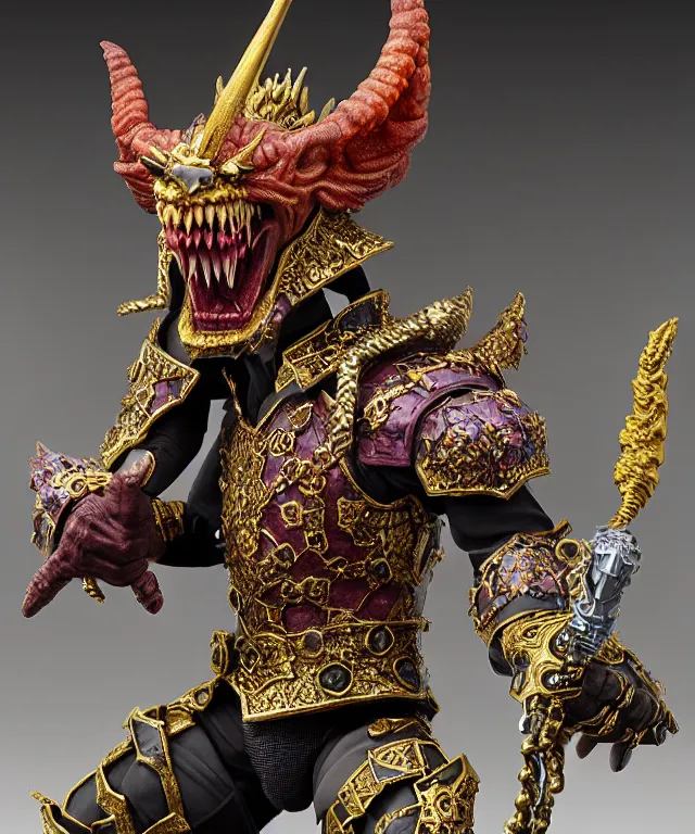 Prompt: hyperrealistic rendering, epic boss fight, ornate king emporer, jewel crown, war armor battle, demon lord, by art of skinner and richard corben, product photography, collectible action figure, sofubi