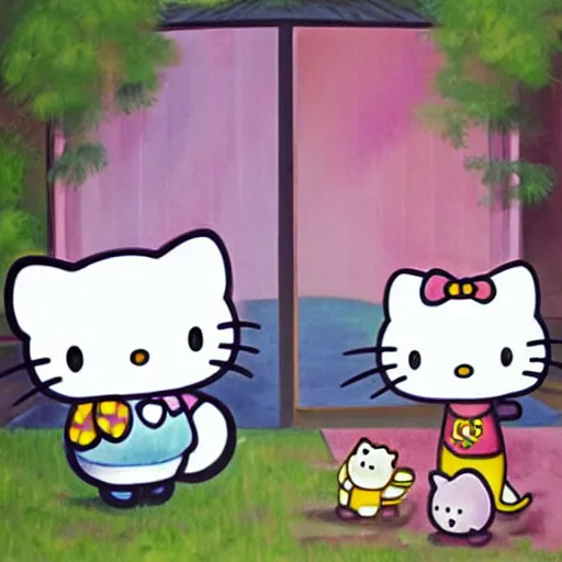 Image similar to painting of hello kitty and cinnamoroll and kuromi and my melo playing outside on a sunny day, by yoko shimizu, by sanrio