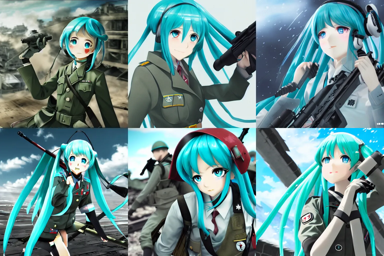 Prompt: Hatsune Miku in the WW2 Battle of Stalingrad frontlines, extremely detailed, 4k high resolution, anime pixiv