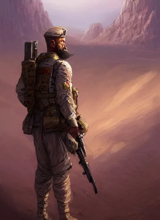 Prompt: purple lighting, detailed character portrait concept art, white male strong muscular mature soldier with beard and short hair in a soldier uniform, desert with city in the background, sharp focus, illustration, highly detailed, digital painting, concept art, matte, art by wlop and artgerm and greg rutkowski, masterpiece