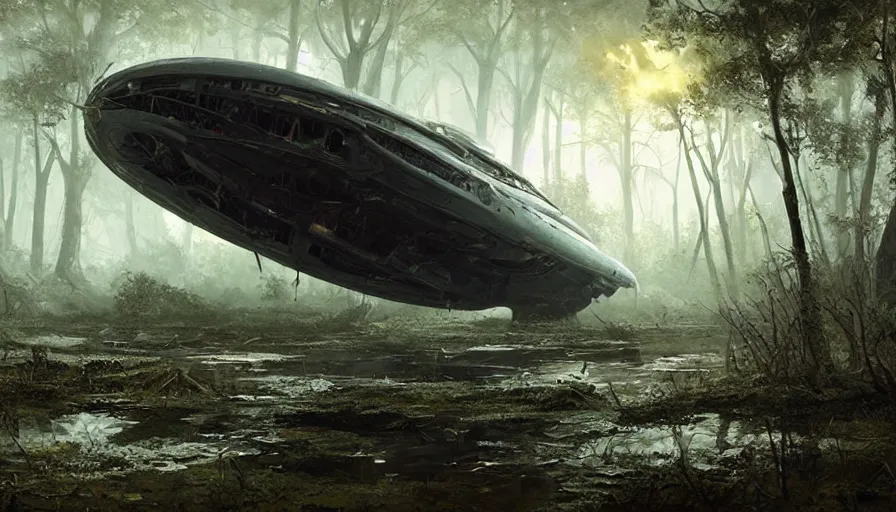 Image similar to a beautiful painting of a crashed alien space ship in a swamp, ray traced lighting by kalin popov and greg rutkowski