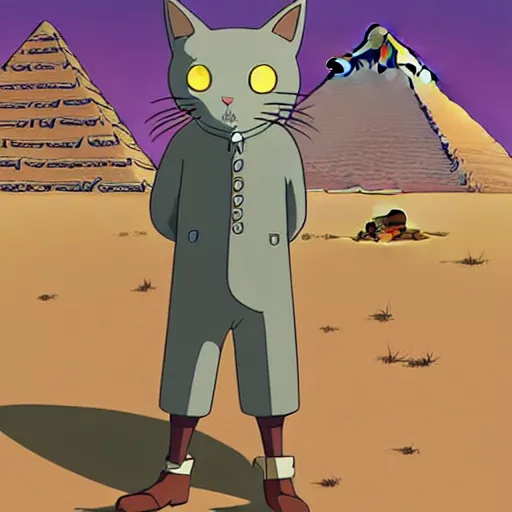 Image similar to a study of cell shaded cartoon of a mechanized grey cat from howl's moving castle ( 2 0 0 4 ), in front of pyramids on a desert road, full body, wide shot, very muted colors, post grunge, studio ghibli, laurie greasley, highly detailed, deviantart, art by artgem