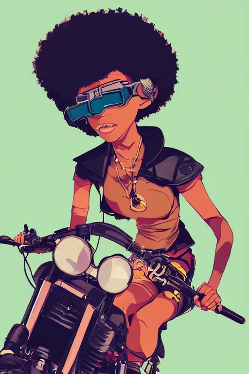 Prompt: black woman with goggles riding motorbike, afro hair, ilya kuvshinov, jamie hewlett, yoji shinkawa, muted colors, clean lines, bold linework, beautiful detailed illustration, 17th century oil painting, flat colors, studio ghibli, cel shading,