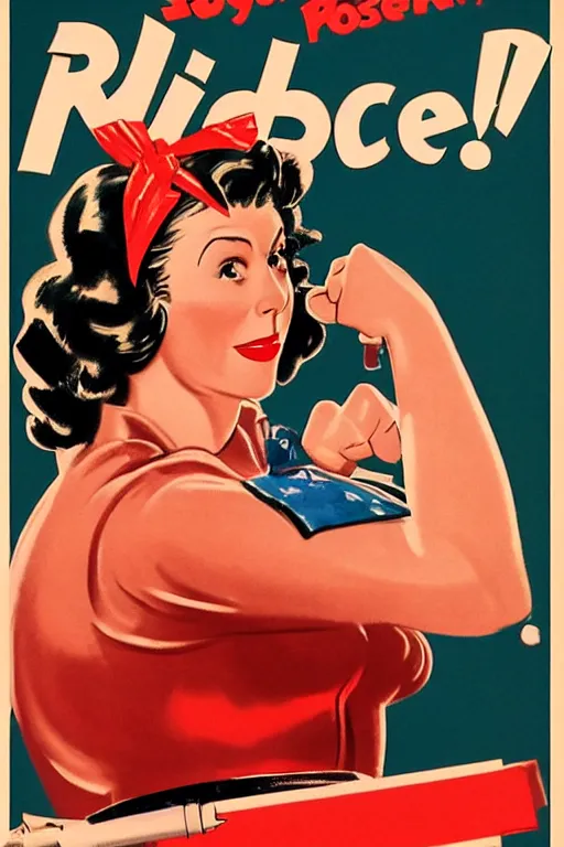 Image similar to 1 9 4 0 s poster of rachel bloom as rosie the riveter, style of norman rockwell, high quality, sharp detail