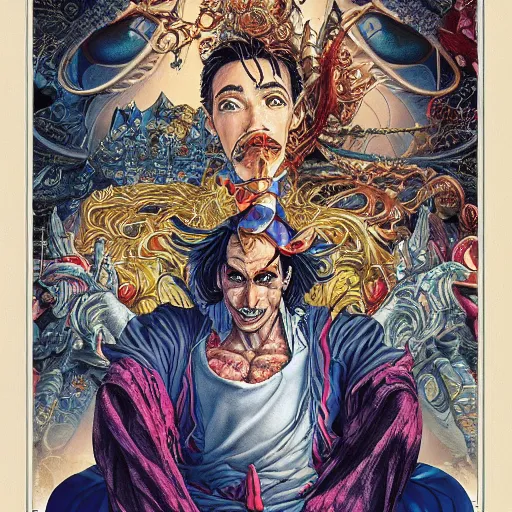 Image similar to portrait of crazy aladdin, symmetrical, by yoichi hatakenaka, masamune shirow, josan gonzales and dan mumford, ayami kojima, takato yamamoto, barclay shaw, karol bak, yukito kishiro