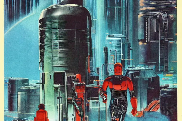 Image similar to 1979 OMNI Magazine Cover depicting a large Android emerging from a vat next to a large power generator. Cyberpunk Akira style by Vincent Di Fate